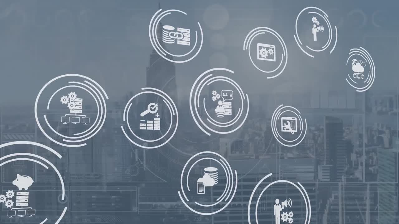 Animation of computer icon in circles over graphs and lens flares against modern cityscape