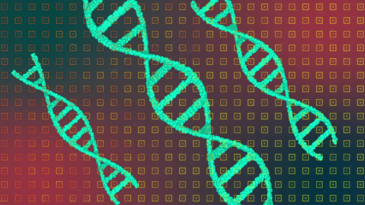 Animation of DNA strands over colorful geometric pattern, showcasing scientific concept