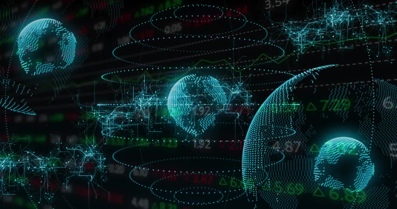 Holographic earth models spinning on dark dashboard, showing cyan rings and red green data overlays