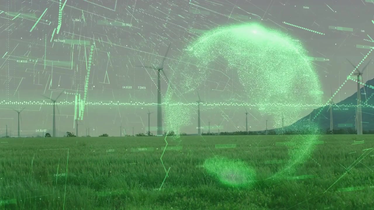Green overlay appearing, forming pulsing globe and waveform over wind farm for energy analysis