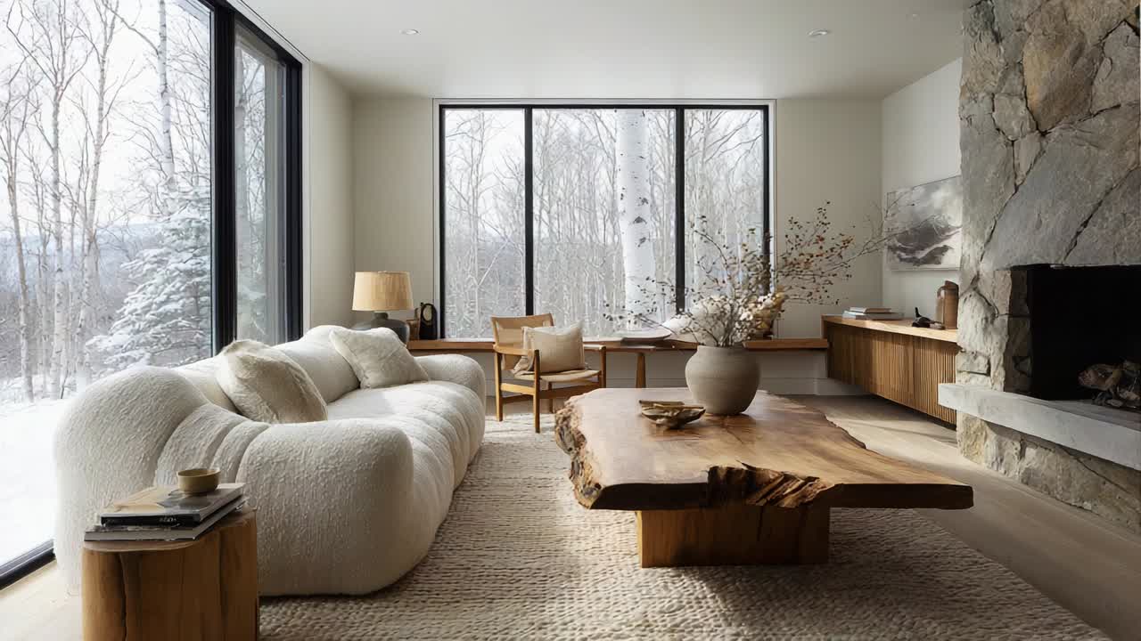 A Cozy and Serene Living Room with Natural Elements, Featuring a Plush Sofa, Wooden Coffee Table, and Large Windows Overlooking a Winter Landscape, Inviting Calmness and Comfort into the Home
