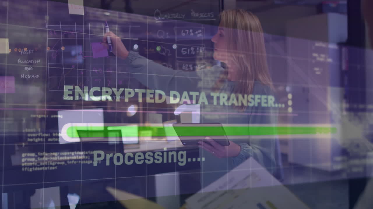 Woman data analyst writing on glass board in modern office, showing encrypted data transfer overlay