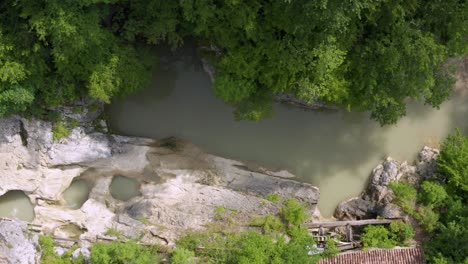 Top-View-Of-Rocky-Mirna-River-And-The-Watermill-Near-Kotli-Village-In-Istria,-Croatia