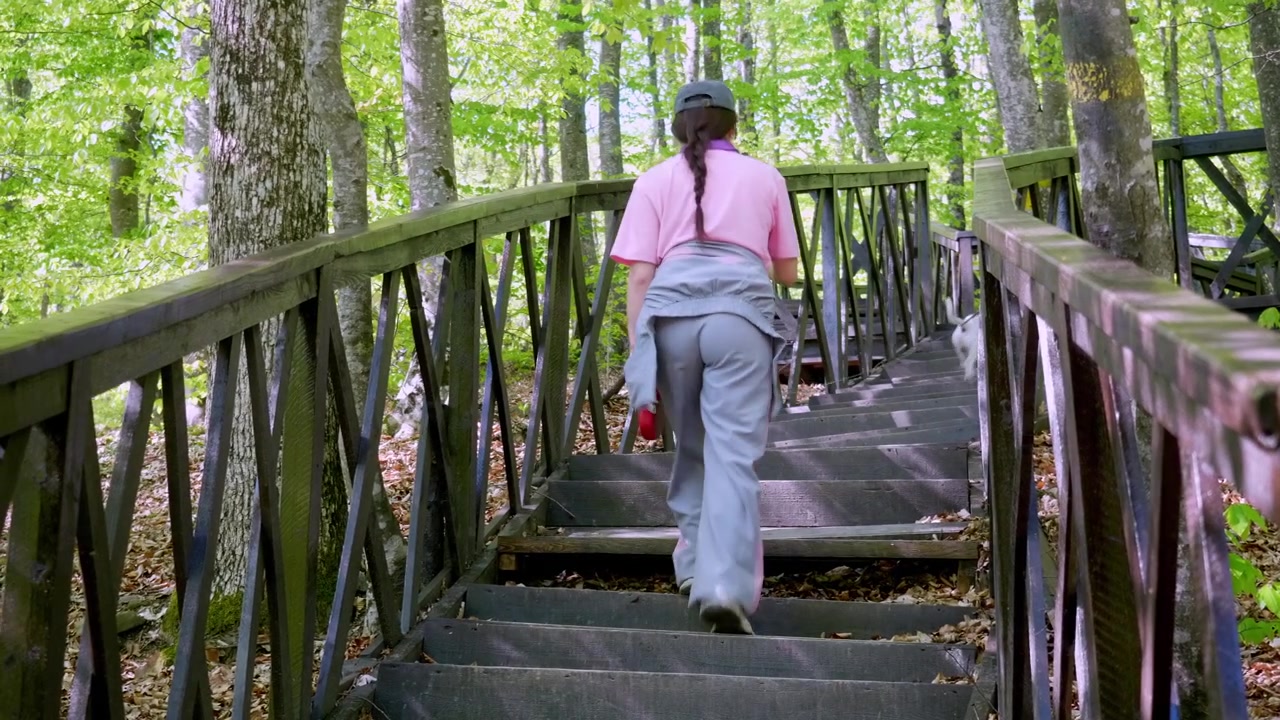 Eine Frau steigt eine Holztreppe auf einer malerischen Brücke durch einen Wald hinauf. Ruhige Natur und ein Gefühl der Reise werden vermittelt