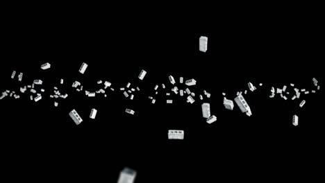 volando muchos ladrillos de hormigón en fondo negro. modelo en miniatura, cemento, construcción. animación 3d de bloques grises girando. animación de bucle.