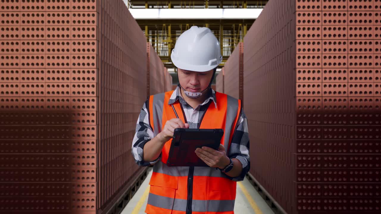 Asian Male Engineer With Safety Helmet Taking Note On The Tablet And Looking Around While Standing With Red Brick Packed in Stacks Are Stored