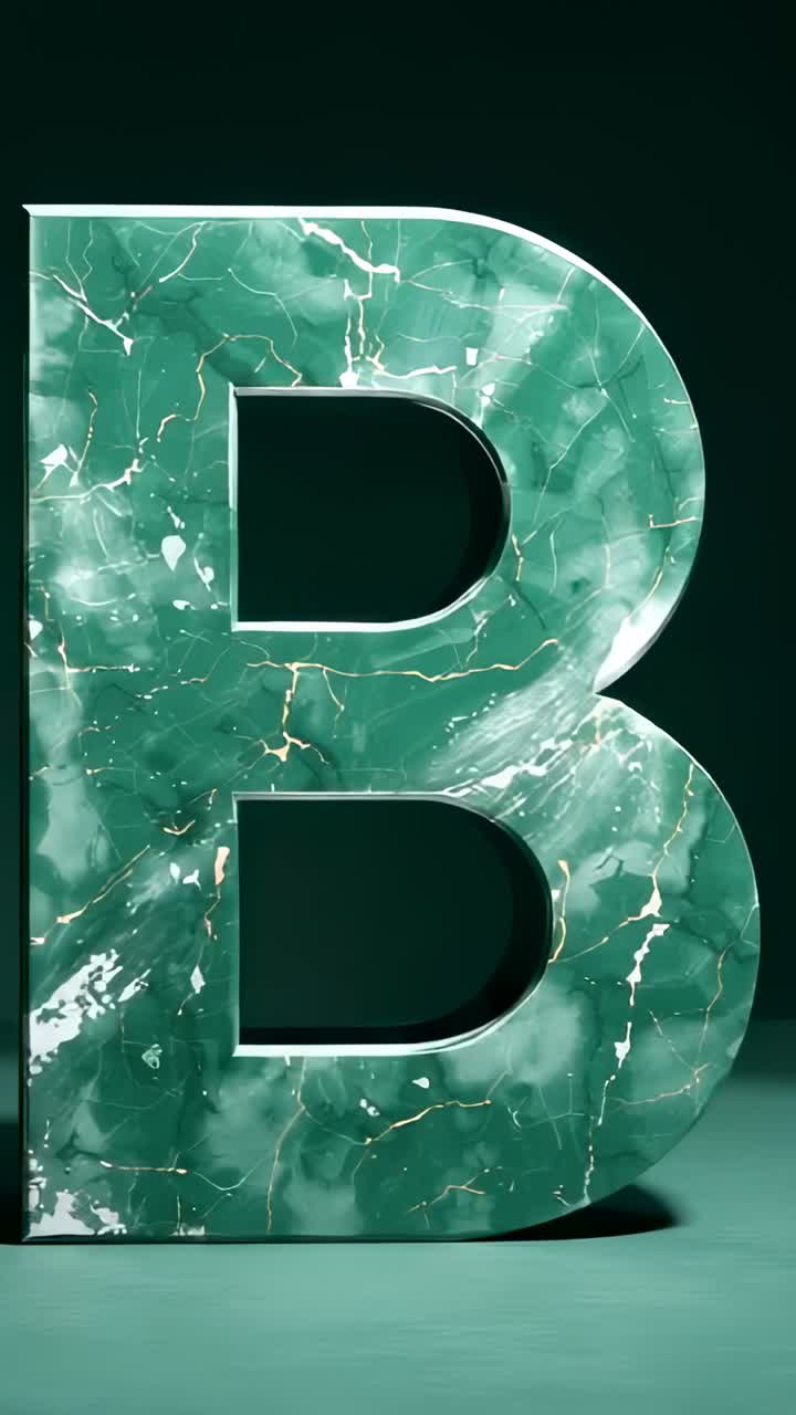Vertical video: Emerging green marble letter B shifting into view on dark platform showcasing veins