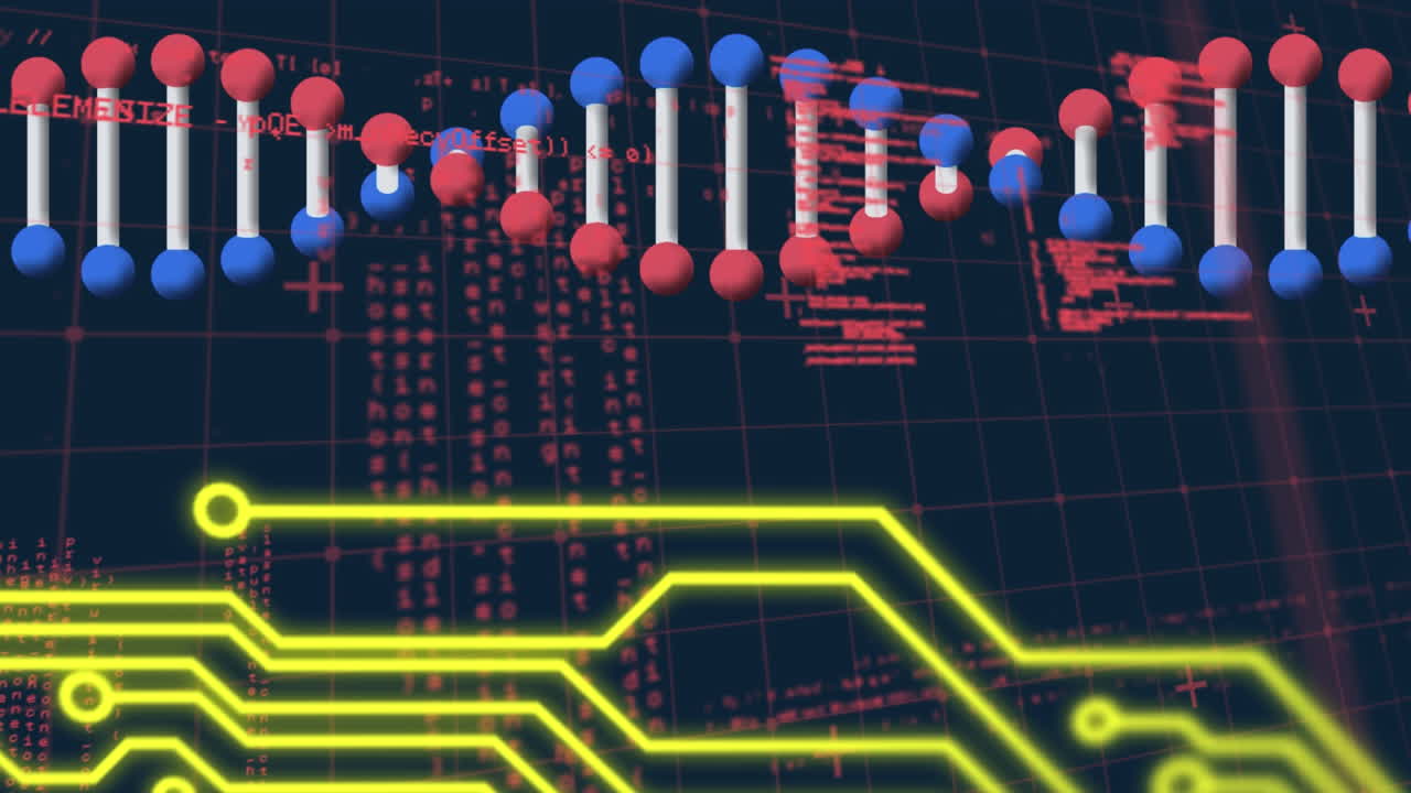 animación de la cadena de adn de procesamiento de datos y redes de conexiones a través de la molienda