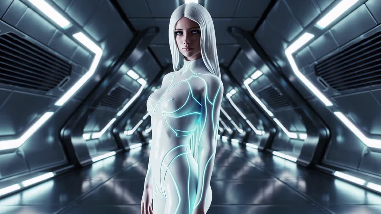 Sleek humanoid robot with glowing lines standing in pristine futuristic spaceship corridor, embodying cutting edge technological innovation and sci fi aesthetic