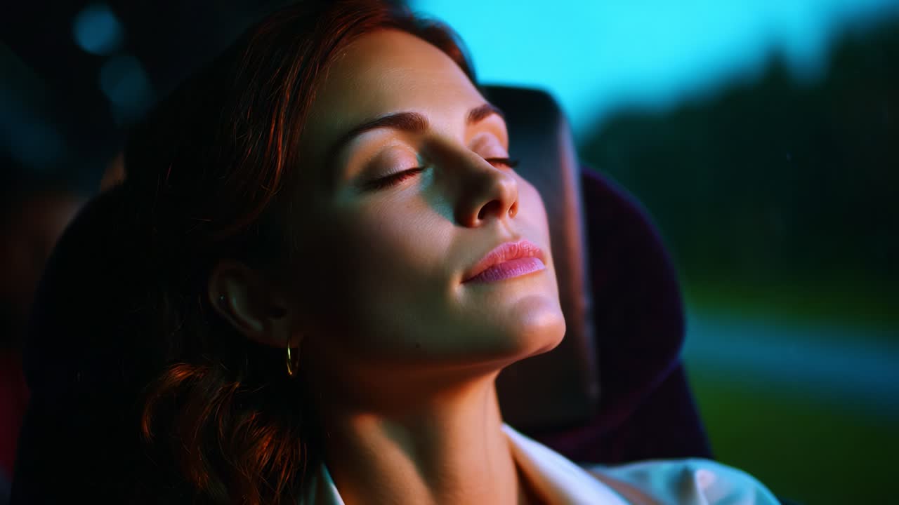 Capturing a Moment of Tranquility: A Serene Woman in Deep Reflection While Traveling on a Bus, Eyes Closed, Embracing the Journey and Enjoying the Peaceful Atmosphere Around Her, Immersed in Thoughtful Repose