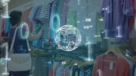 animation of globe of network of connections and binary data processing over woman clothes shopping