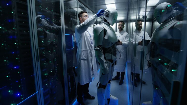 Scientists Working with a Robot in a Data Center