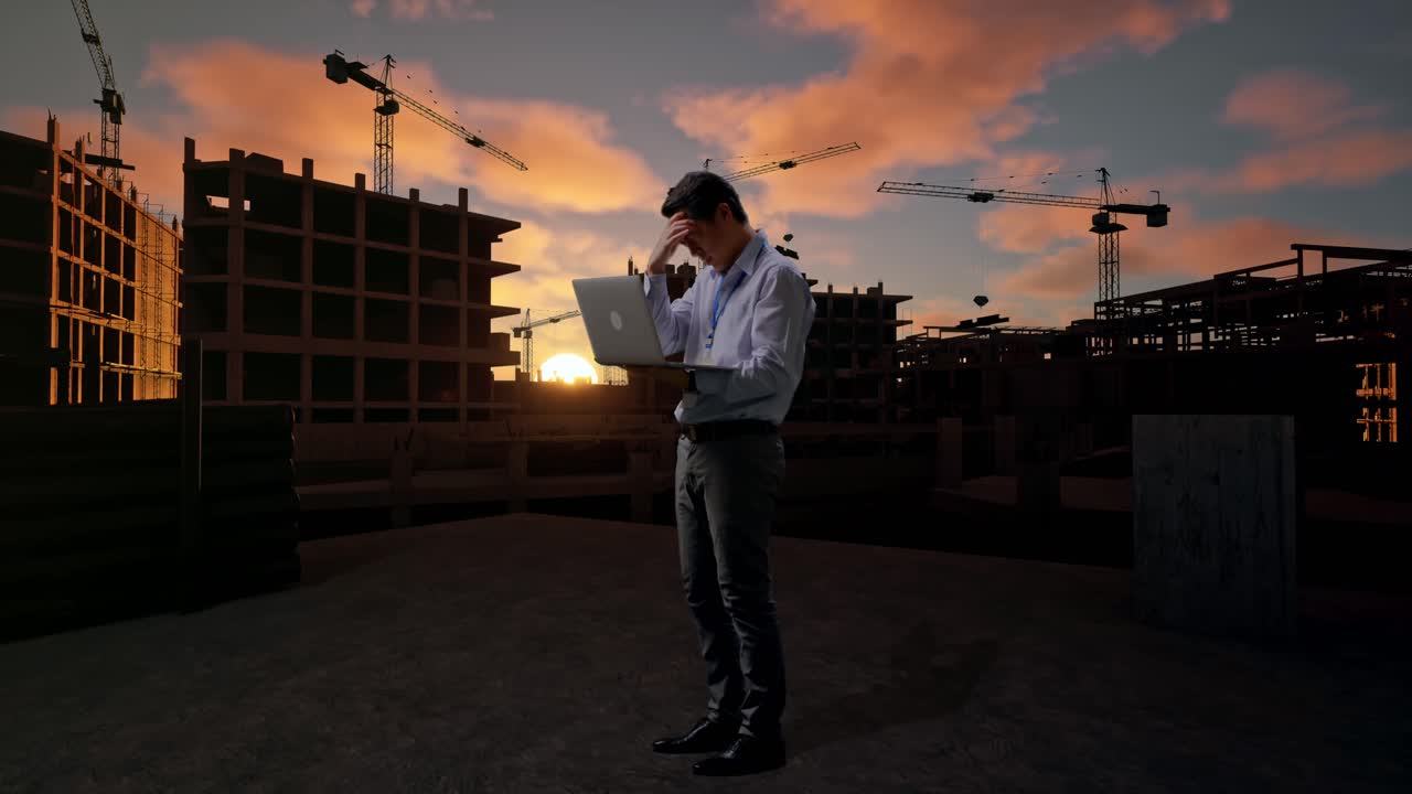 Vista lateral de cuerpo completo de un trabajador profesional asiático de pie con su portátil en una obra en construcción de una nueva casa, tecleando y decepcionado mientras asiente con la cabeza