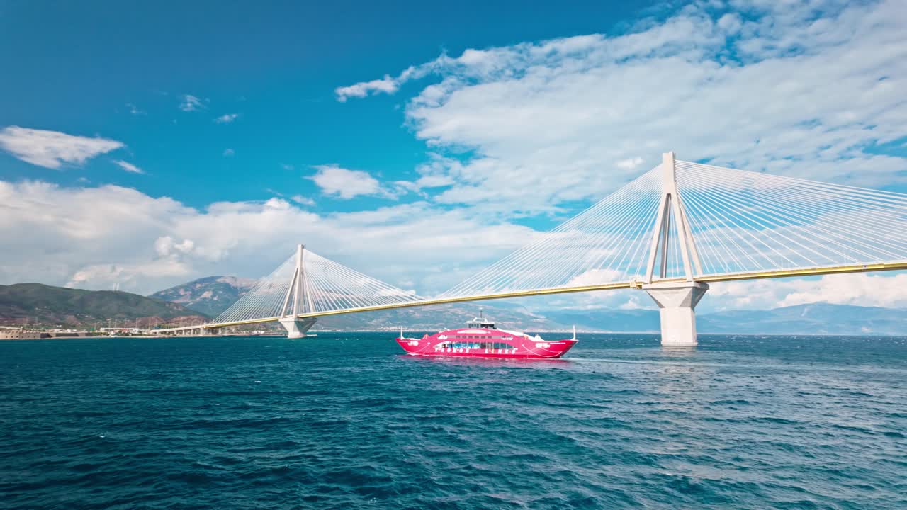 Rio-Antirrio Greek ferry boat and bridge crossing the Gulf of Corinth