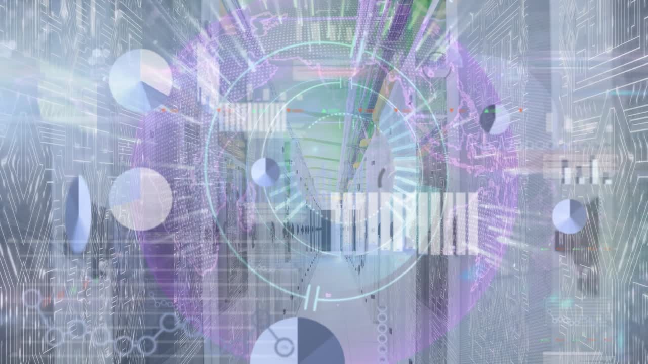 Animation of data processing over spinning globe and microprocessor connections against server room