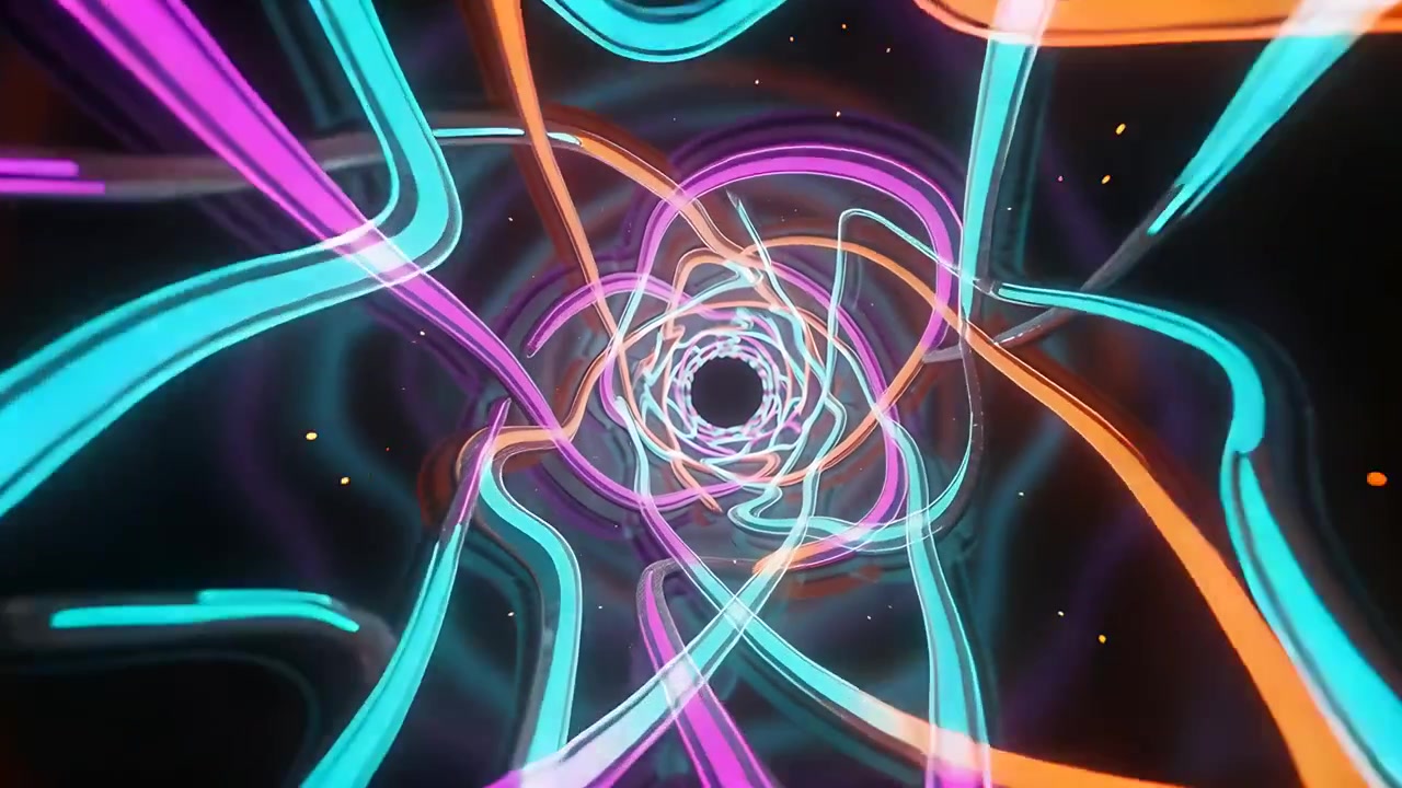 Nastri al neon che iniziano a curvarsi verso l'interno nel vuoto verso un vortice centrale, con fasce magenta, ciano e arancioni