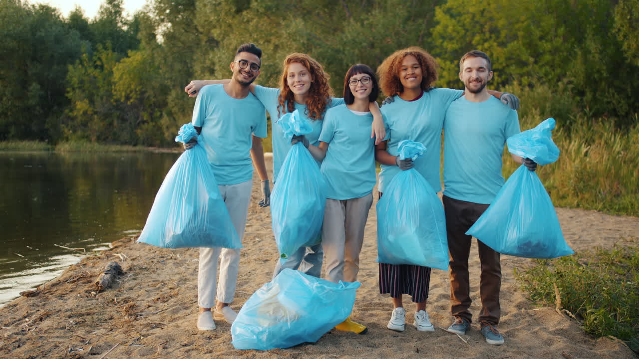 Community Volunteers Cleaning Up a Riverbank