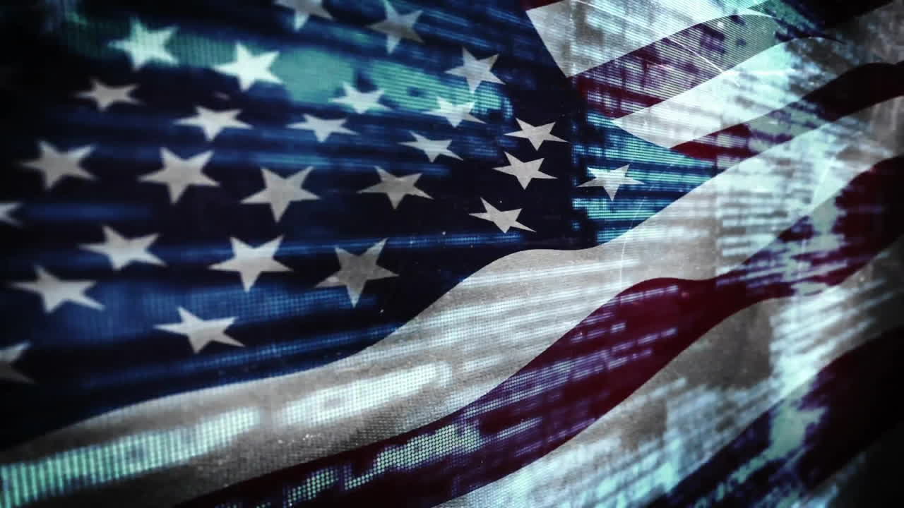 Animation of American flag with digital data patterns overlaying stars and stripes