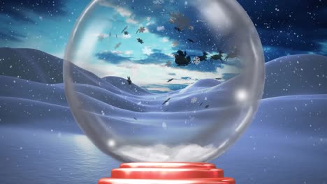 animation of christmas snow globe with santa claus in sleigh and snow falling in winter scenery