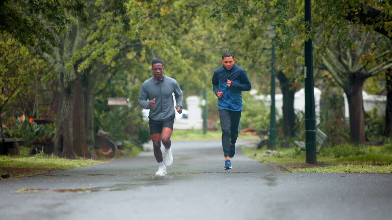 Two men running in a park