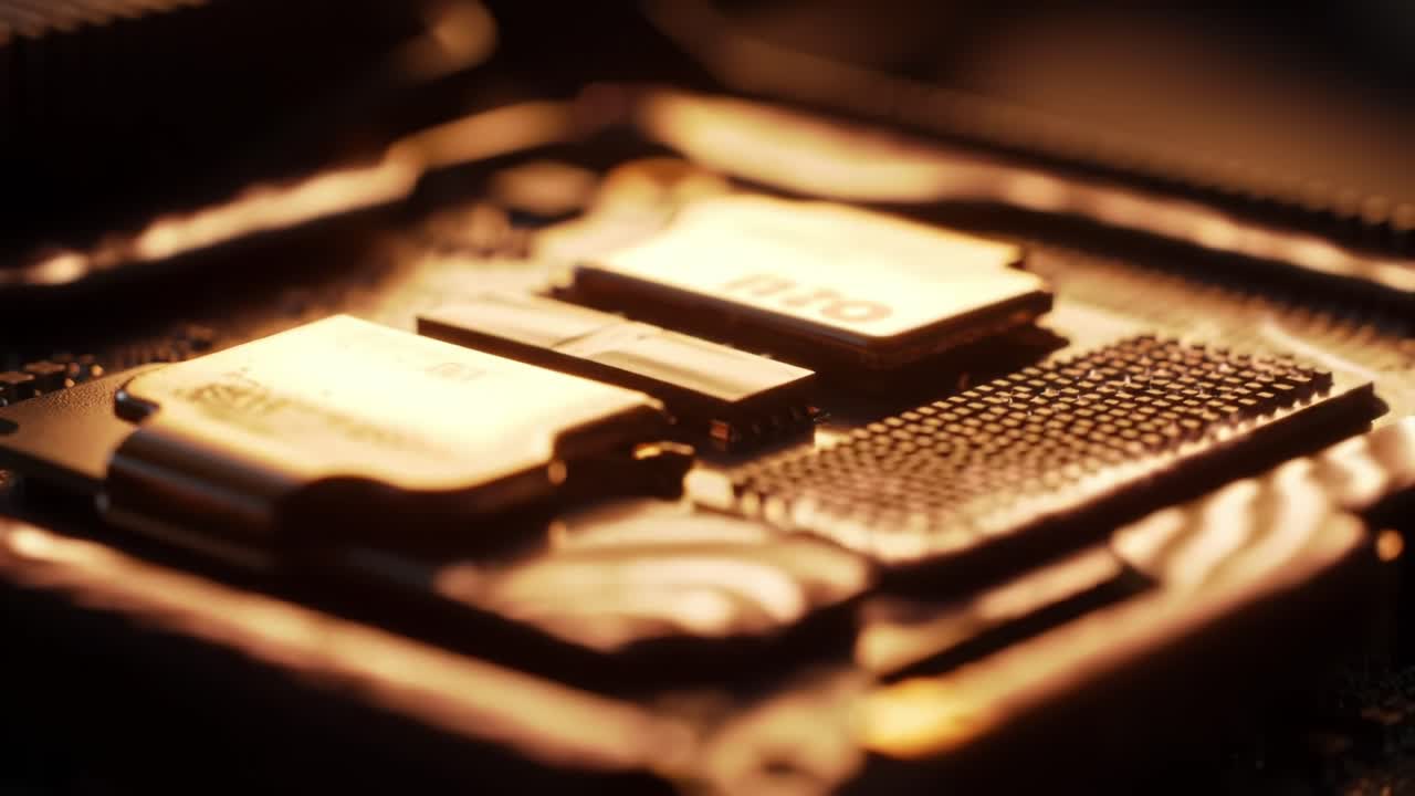 Detailed Close-Up of Computer Components Showcasing Advanced Microchip Technology and Enhanced Circuitry in a Modern Electronic Device Environment