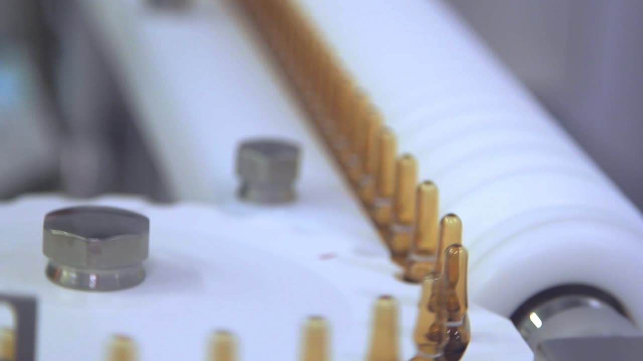 불로 봉인 된 살균 된  ⁇ 플. 약국 공장에서 생산 라인에 있는  ⁇ 플