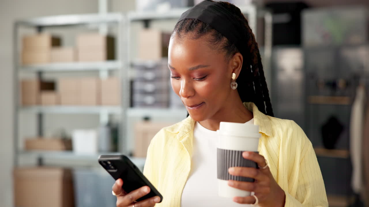 Giovane Donna Di Colore Che Usa Il Telefono E Beve Caffè In Un Magazzino