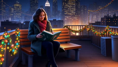woman reading a book on a festive rooftop at night with city skyline