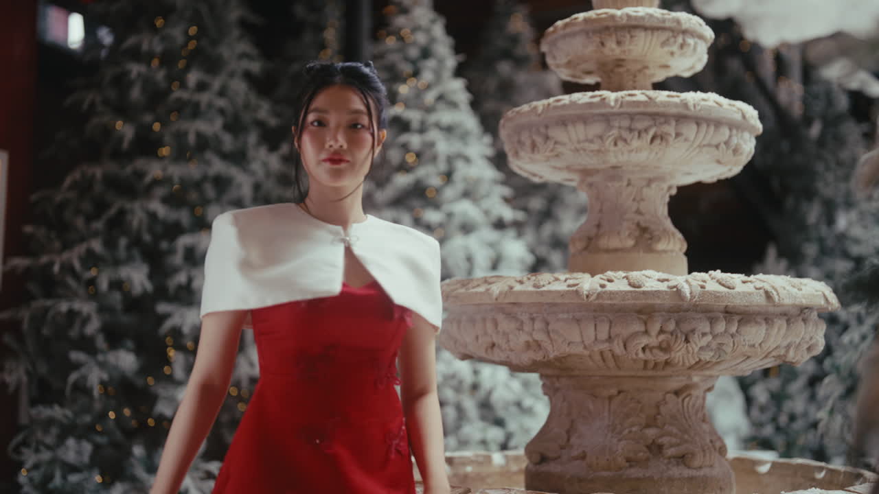 Woman in Red Dress near Fountain during Christmas