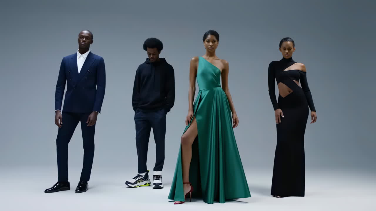 Uomini e donne alla moda che posano con abiti moderni