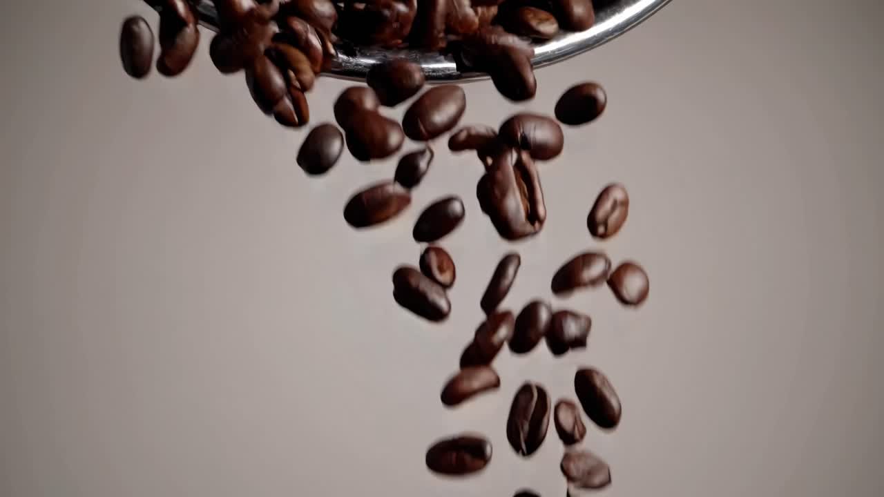 Video ravvicinato di chicchi di caffè che cadono da una ciotola inclinata, ripreso da un'angolazione elevata