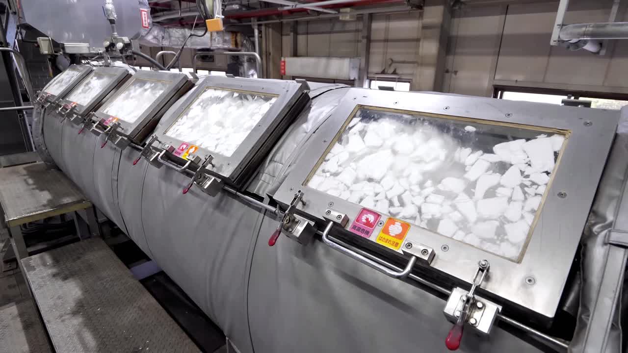 Styrofoam box recycling process. Styrofoam box fragments are washed in the machine. Separation, environmental protection, automated technology concept.