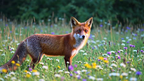 red fox in a field of flowers