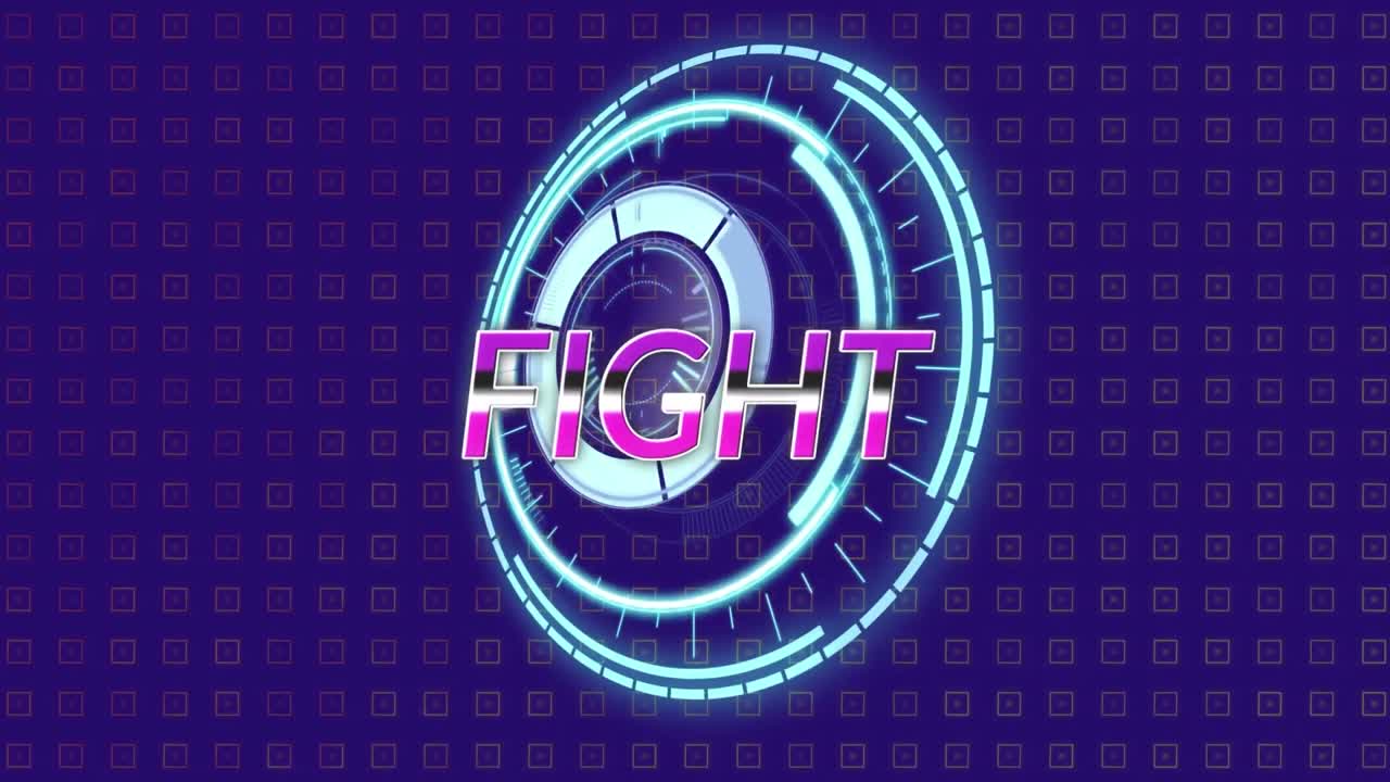 Animation of fight text over scope scanning on purple background