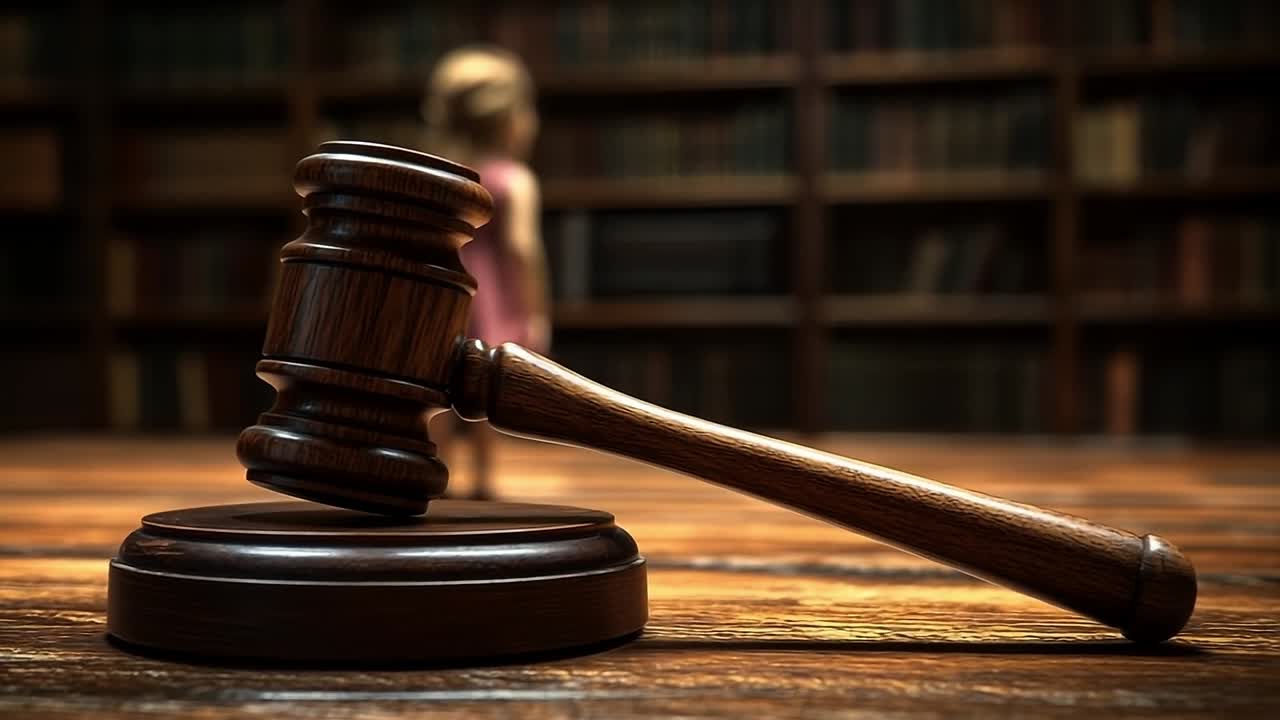 Legal gavel rests on wooden desk surface. A gavel is positioned on a polished wood surface with shelves of books in the background, symbolizing justice.