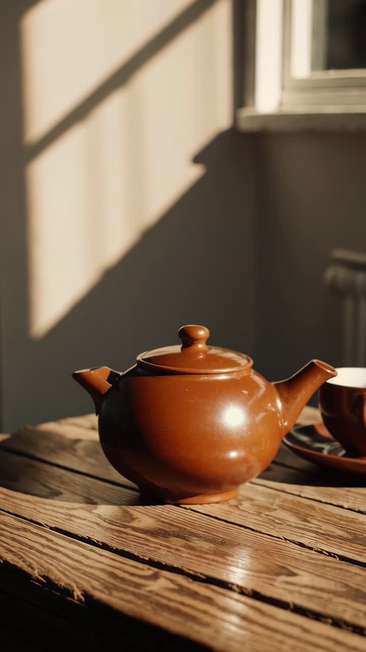 Brown Teapot on a Wooden Table Bathed in Sunlight
