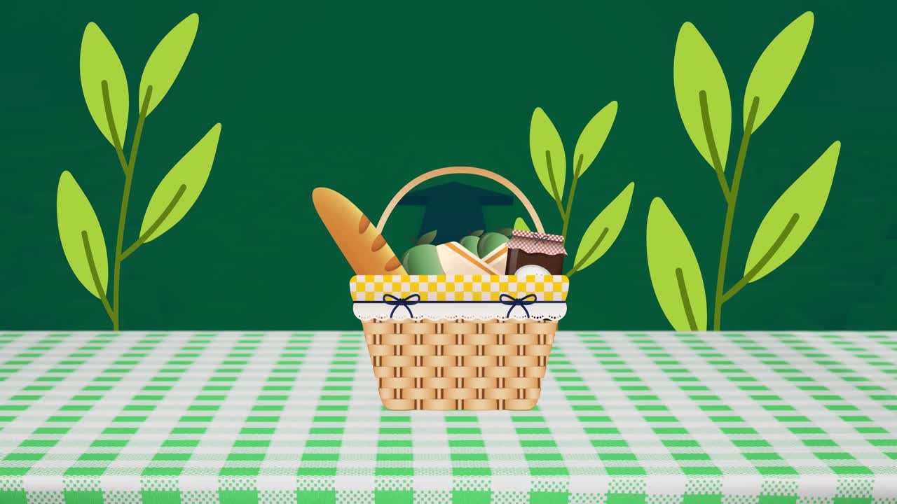 animación de una canasta con comida sobre plantas
