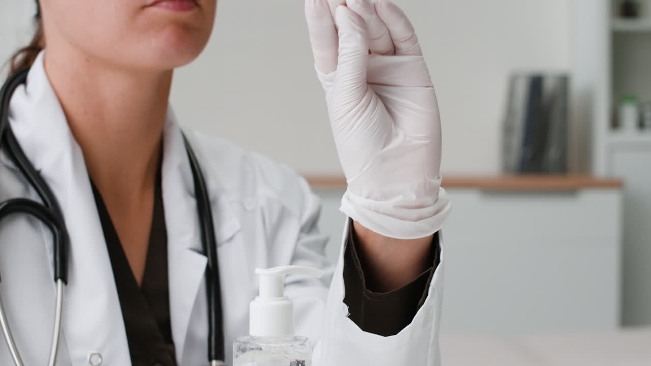 Doctor wearing gloves using hand sanitizer