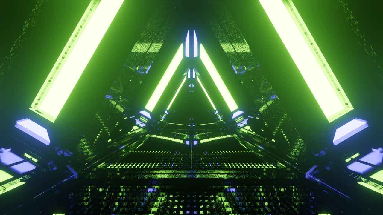 gráficos de movimiento computarizados de movimiento a través de un túnel espacial triangular verde altamente reflectante