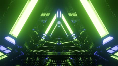 Computerized-motion-graphics-of-moving-through-highly-reflective-green-triangular-space-tunnel