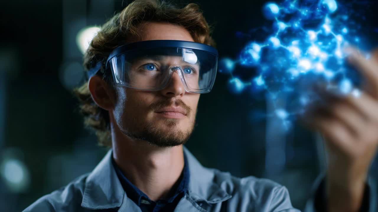 A focused scientist examines molecular structures using advanced technology, showcasing the fusion of innovation and research in a laboratory environment while wearing protective gear for safety