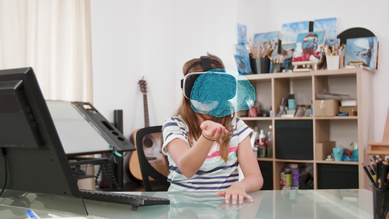Girl Exploring Virtual Reality at Her Desk