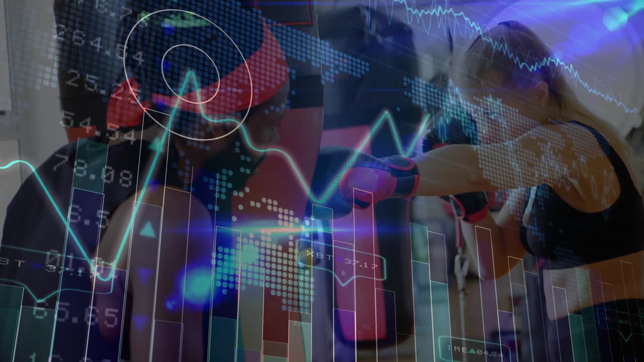 Coach angling mitts, boxer launching jabs in studio, animated finance charts tracking performance