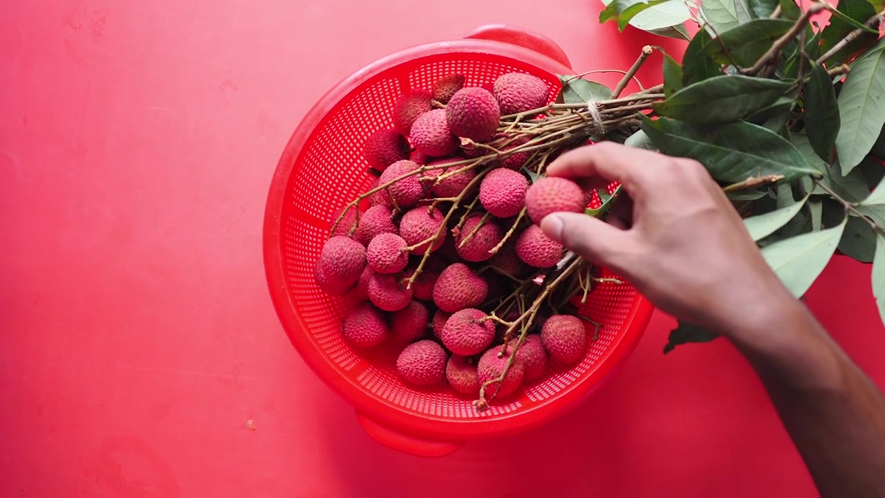 Tangan Mengambil Buah Leci Segar dari Saringan Merah.