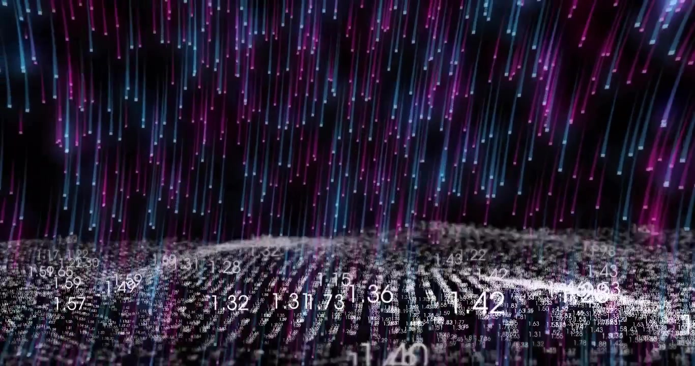 Triggered by descending light columns, numeric grid rippling and flickering visualizing live data
