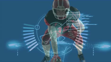 animación de un jugador de fútbol americano sobre el procesamiento de círculos y datos diversos en fondo azul