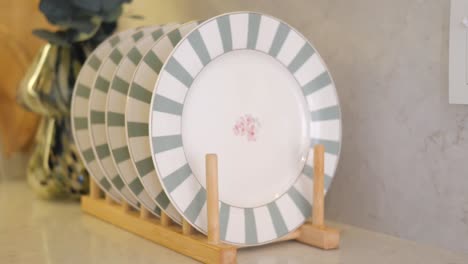 arrangement of striped plates on a kitchen counter