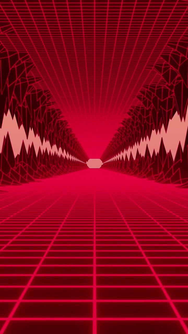 Animation af en gittervej med aftagende perspektiv, der bevæger sig mellem bjerge.