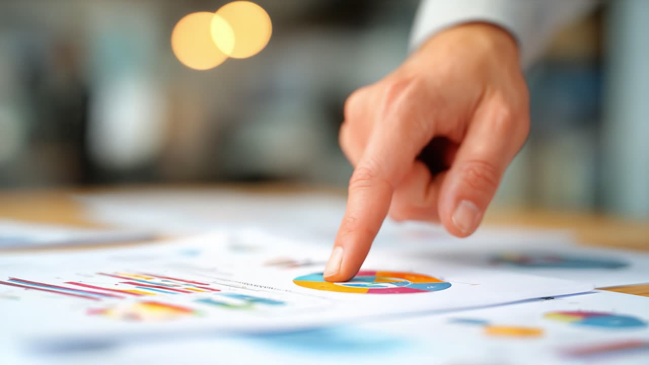 Analisi dei Dati Aziendali: Una Mano che Indica Grafici e Tabelle Colorati su una Scrivania Durante una Sessione Strategica che Riflette un'Analisi Approfondita