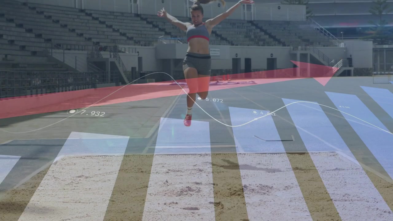 Female track jumper starting approach, jumping into sandpit while data overlays measuring metrics